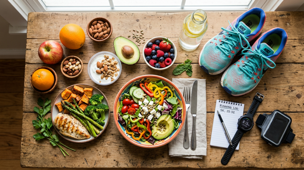 Balanced meal with fruits, vegetables, nuts, yogurt, water, running shoes, watch, and a running log on a wooden table.