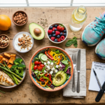 Balanced meal with fruits, vegetables, nuts, yogurt, water, running shoes, watch, and a running log on a wooden table.