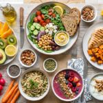 Plates and bowls of fresh fruits, vegetables, grains, nuts, and proteins arranged on a wooden table