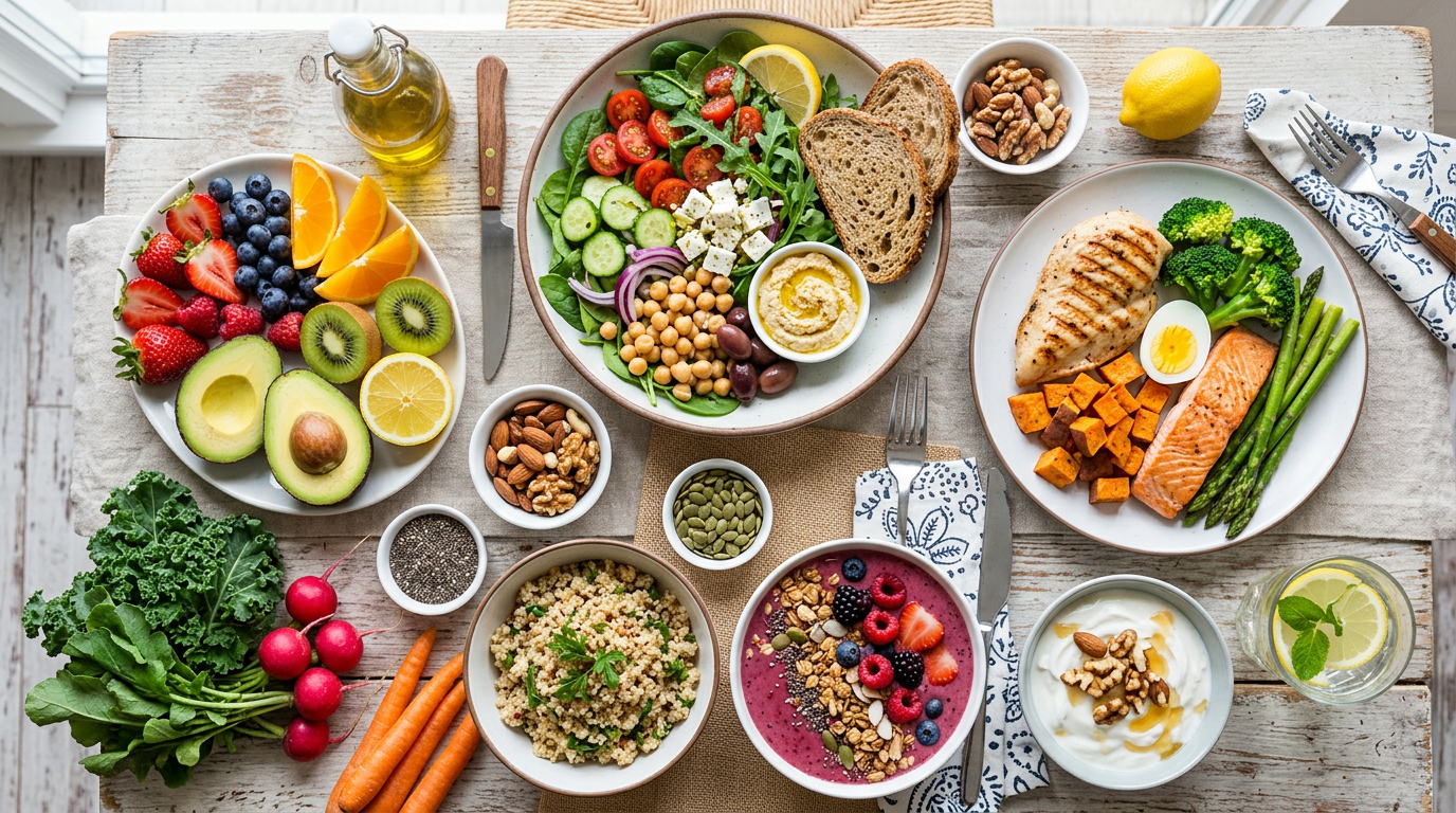 Plates and bowls of fresh fruits, vegetables, grains, nuts, and proteins arranged on a wooden table